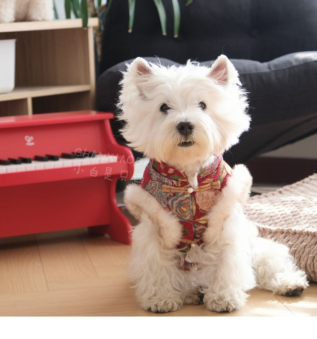 Unisex pet holiday vest, red New Year dog apparel, warm winter fashion accessory for pets.