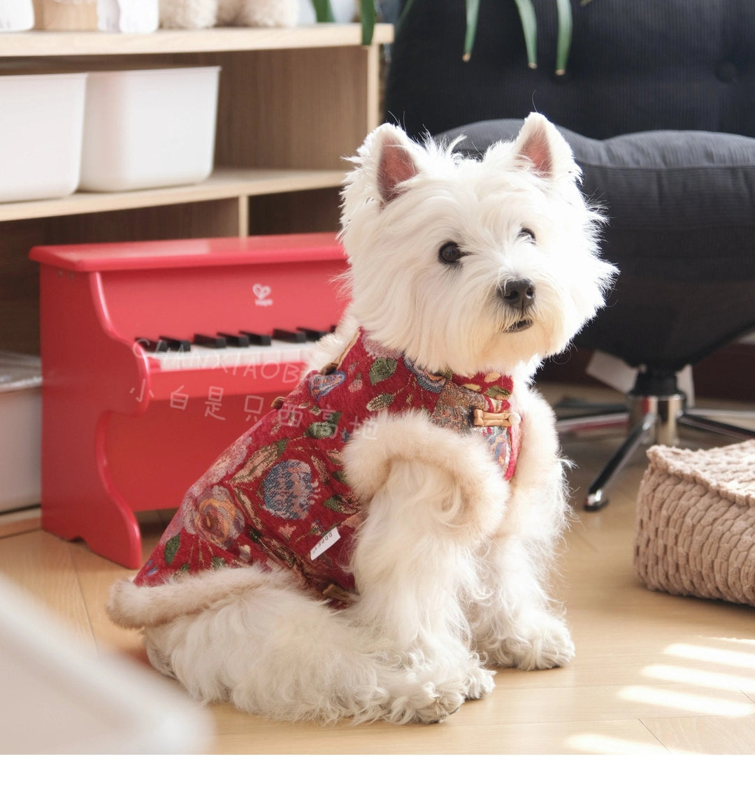 Red holiday celebration dog vest with snowflake pattern, cute and comfortable pet apparel.