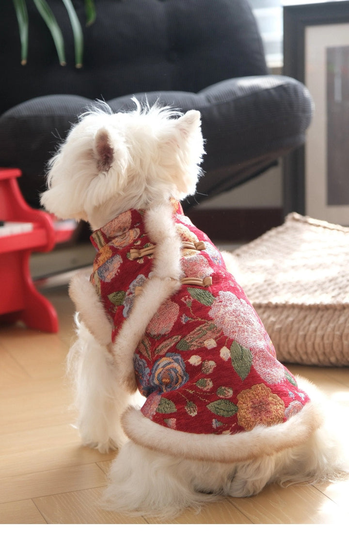 Winter fashion pet vest in red, festive dog apparel for New Year and holiday celebrations.