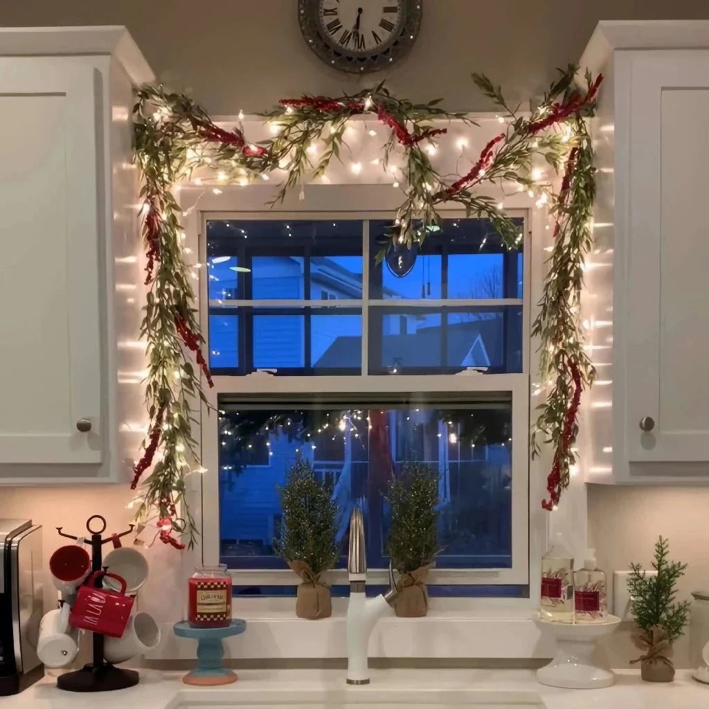 Festive holiday lighted garland with warm glow LED ornaments & flexible wire for indoor decor.