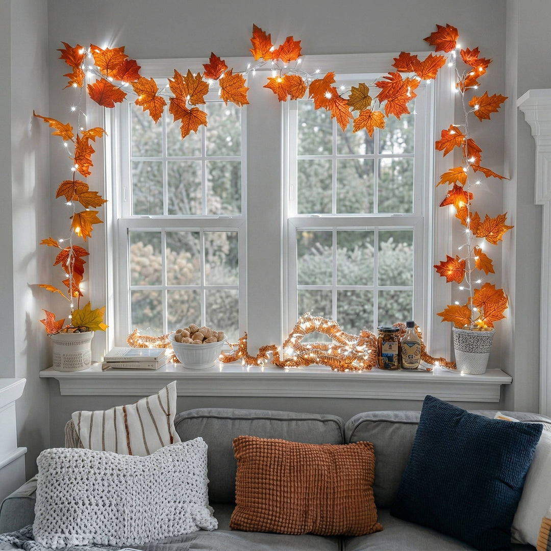 Decorative holiday lighted garland with festive ornaments, warm glow LEDs & flexible wire.