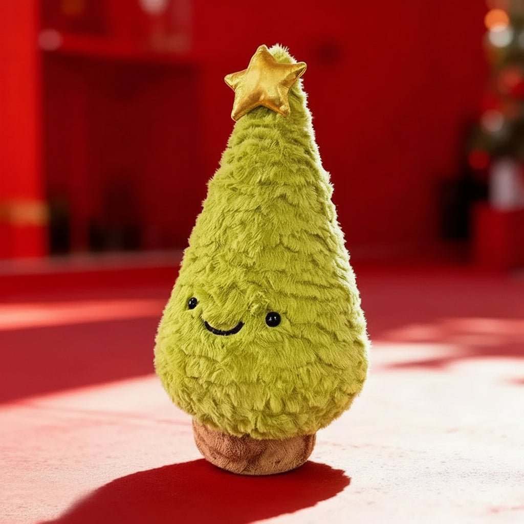Compact plush Christmas tree figurine, a charming festive holiday decor piece for any space.