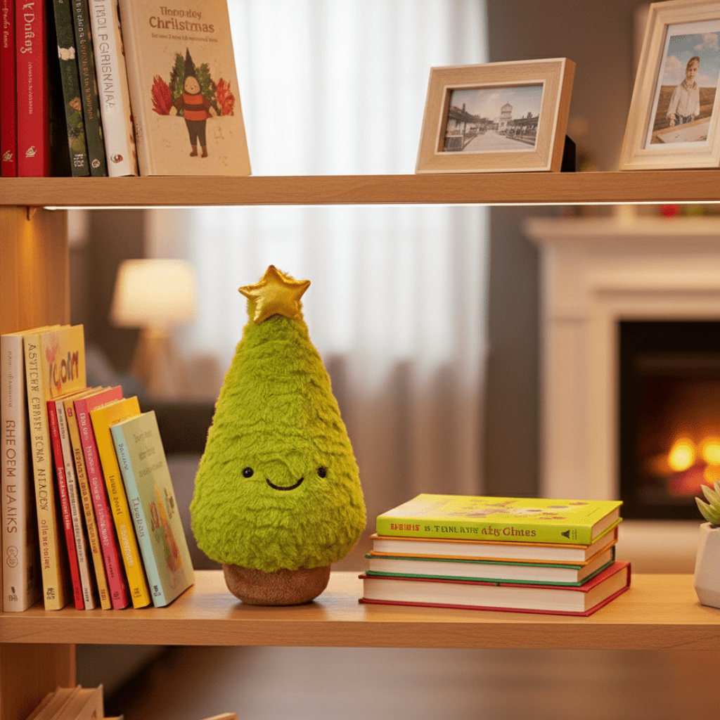 Adorable plush Christmas tree figurine, a festive holiday decor piece for home, office or mantel.