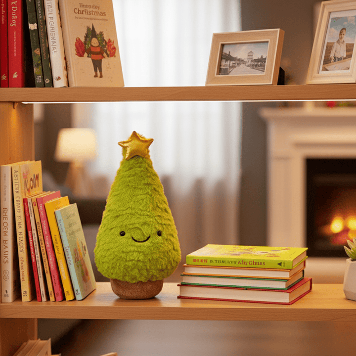 Adorable plush Christmas tree figurine, a festive holiday decor piece for home, office or mantel.