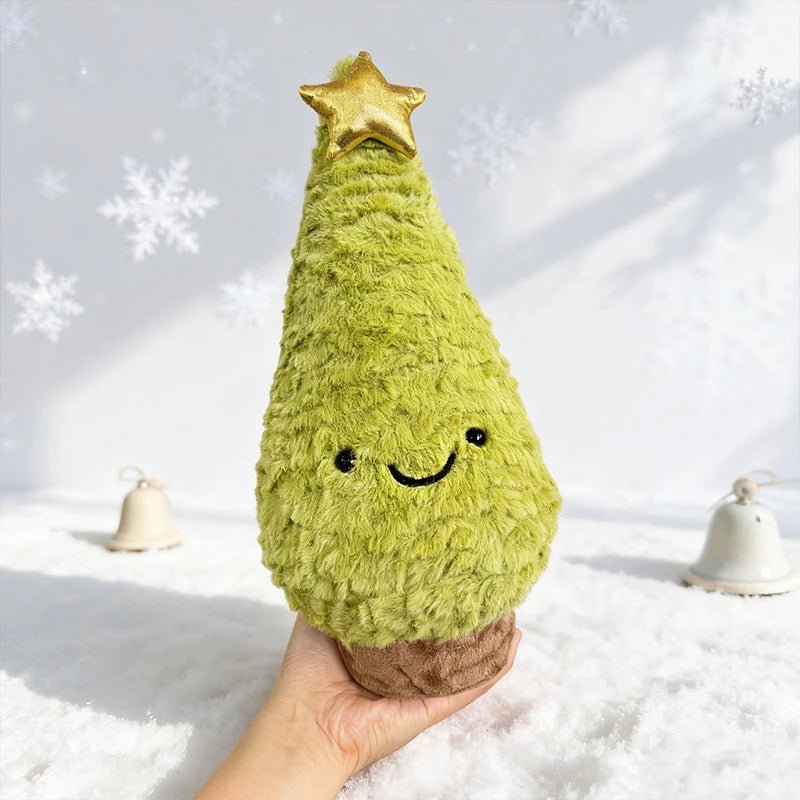Whimsical plush Christmas tree figurine, a joyful holiday decor accent for festive and cozy home settings.