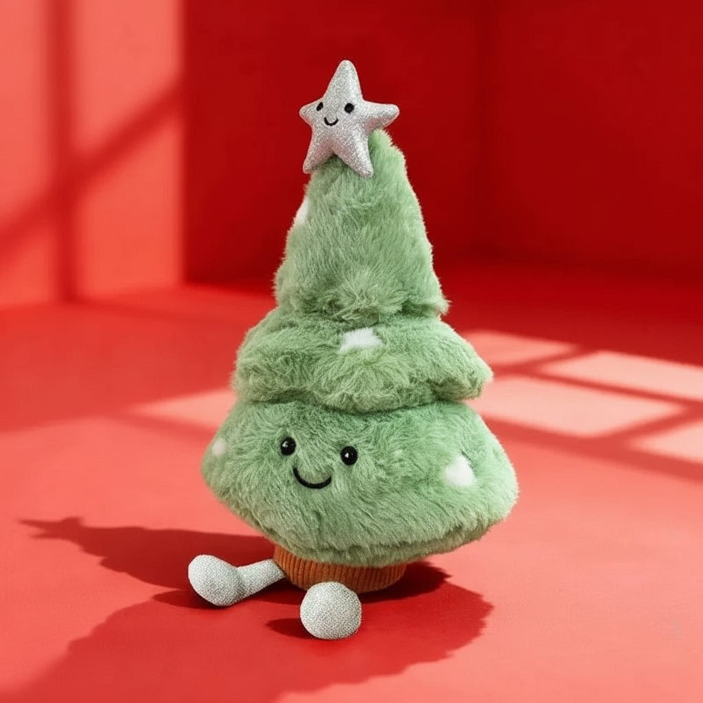 Handcrafted-feel plush Christmas tree figurine, ideal festive decor for holiday celebrations & gifts.