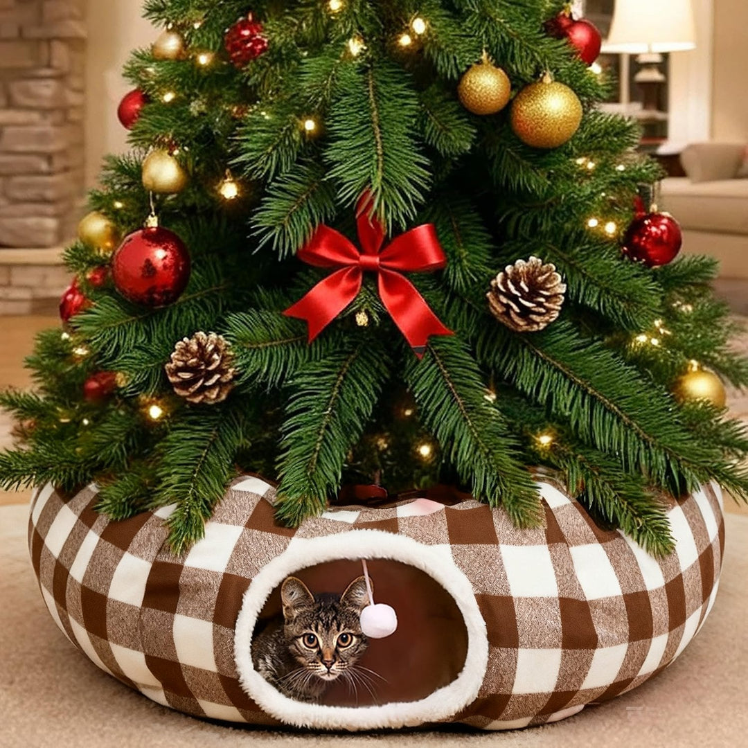 Festive red and green Christmas Tree Cat Tunnel with white snowflake details, perfect for holiday pet play