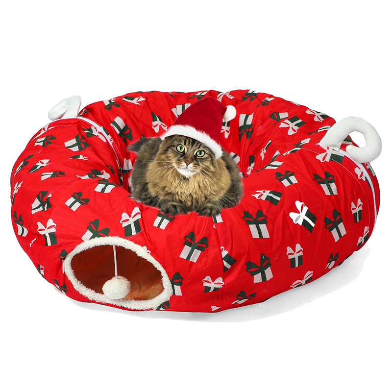 Multiple cats interacting with the Christmas Tree Cat Tunnel, highlighting its spaciousness for several pets