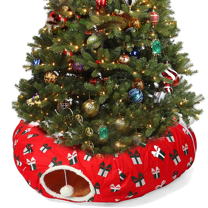 The Christmas Tree Cat Tunnel with a detachable skirt for easy cleaning, a practical and festive pet item