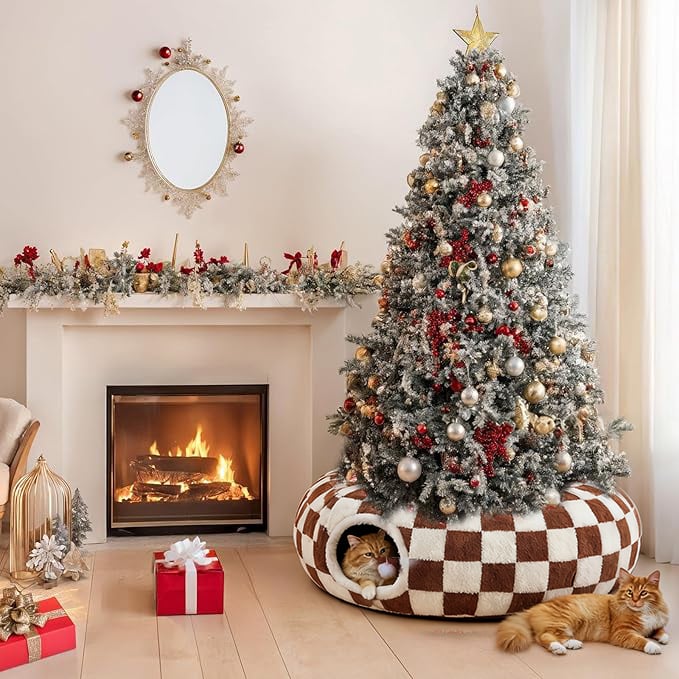 Christmas Tree Cat Tunnel & Skirt set; a cozy hideaway and play area for cats, adorned with holiday cheer