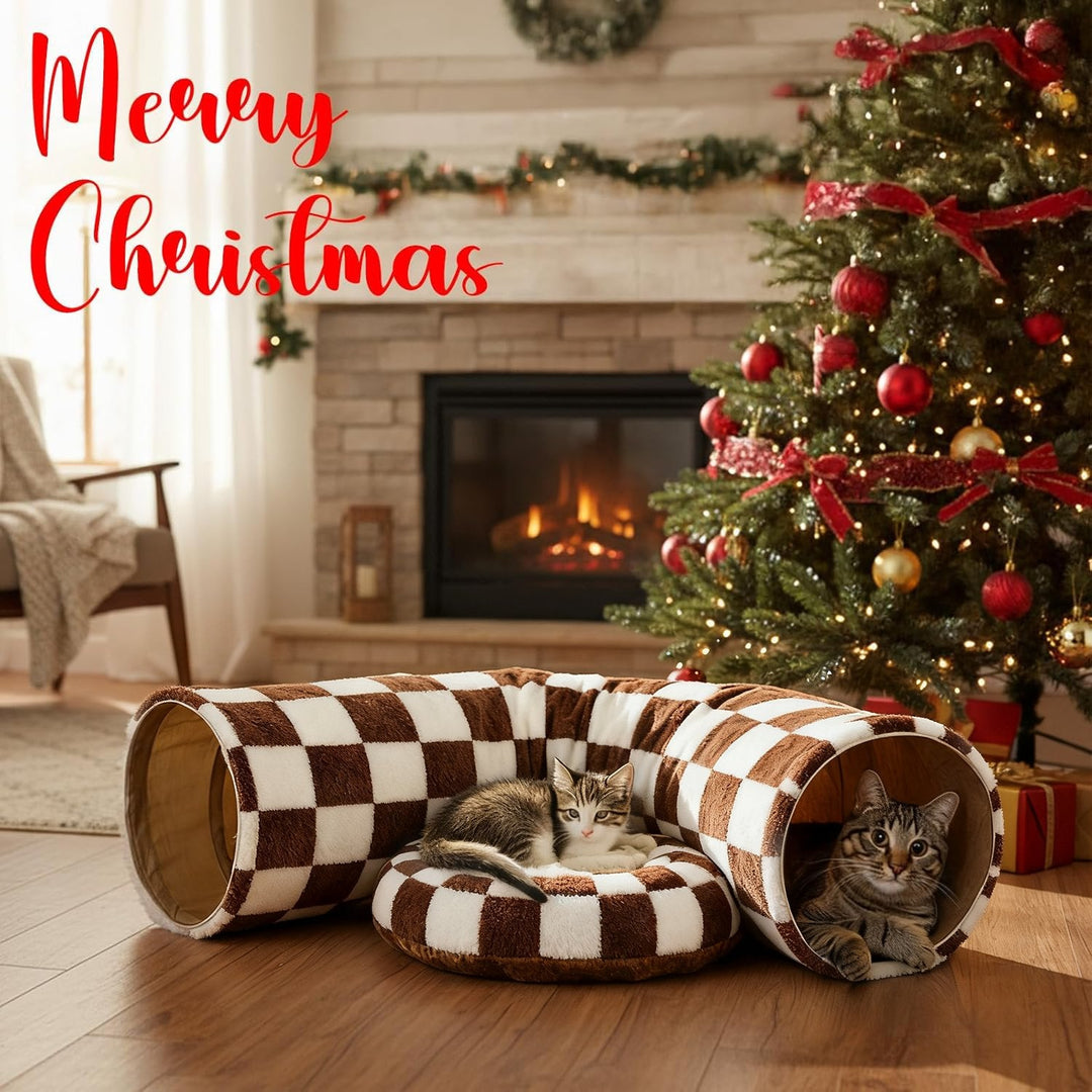 Cat exploring a multi-level Christmas Tree Cat Tunnel, complete with a striped skirt base and soft bedding