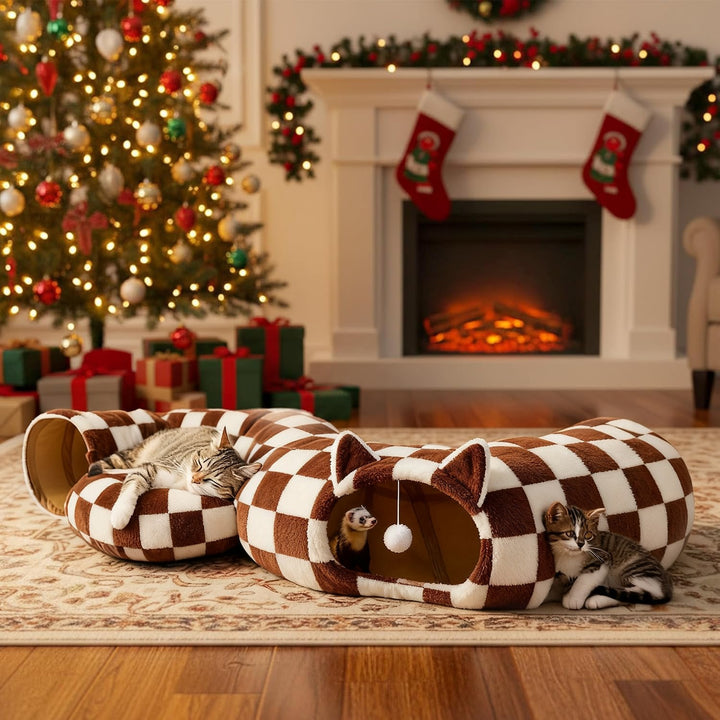 Christmas Tree Cat Tunnel: an engaging pet play tunnel with a festive tree shape and dangling cat toy