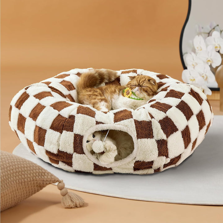 Overview of the Christmas Tree Cat Tunnel & Skirt, showing its full height and wide access points for cats