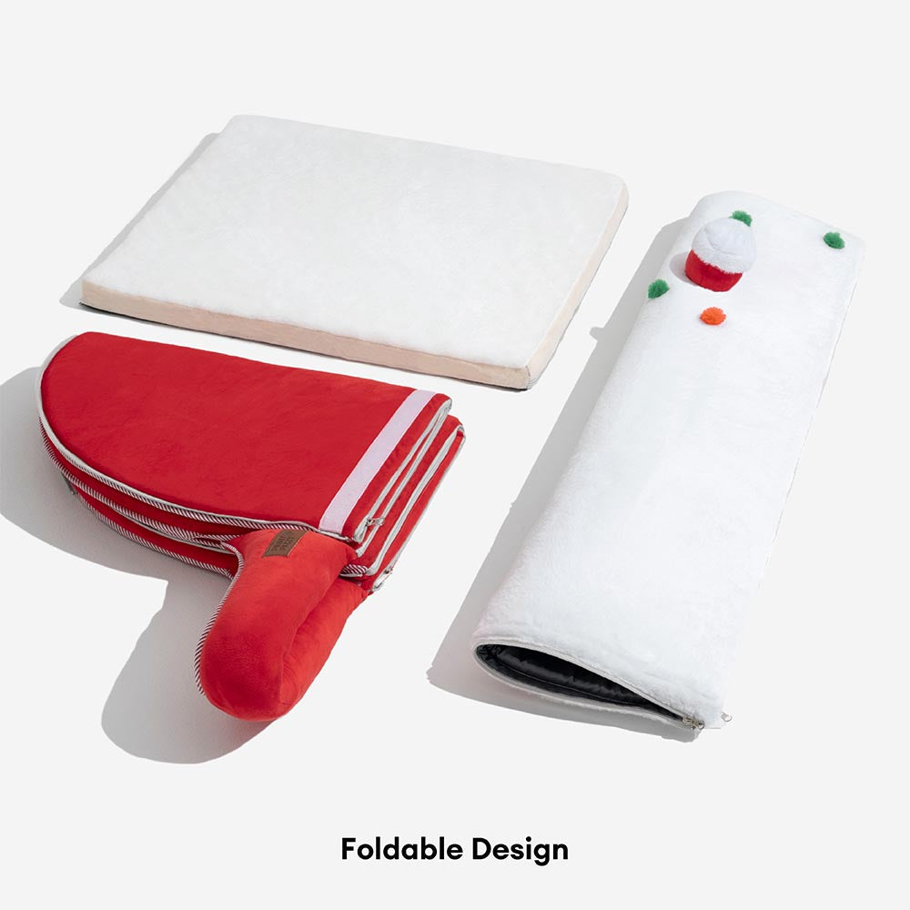Winter pet bed, orthopedic support, snow house design, adds to Christmas holiday decor