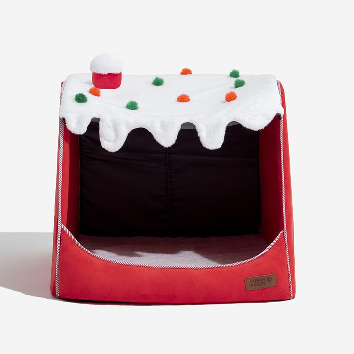 Dog bed for holidays: snow house design, orthopedic support, stylish winter decor