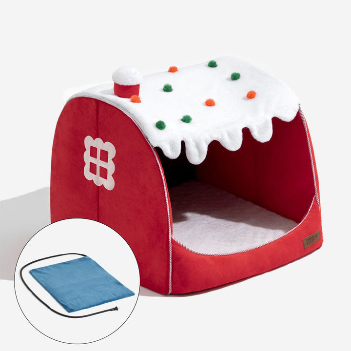Holiday pet bed with orthopedic features, festive snow house adds charm to any room