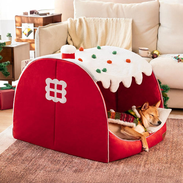 Cozy winter pet bed for dogs shaped like a festive snow house, orthopedic design