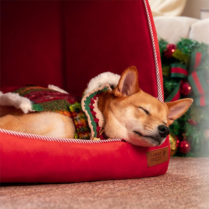 Premium orthopedic dog bed, snow house theme, perfect Christmas decor for furry friends