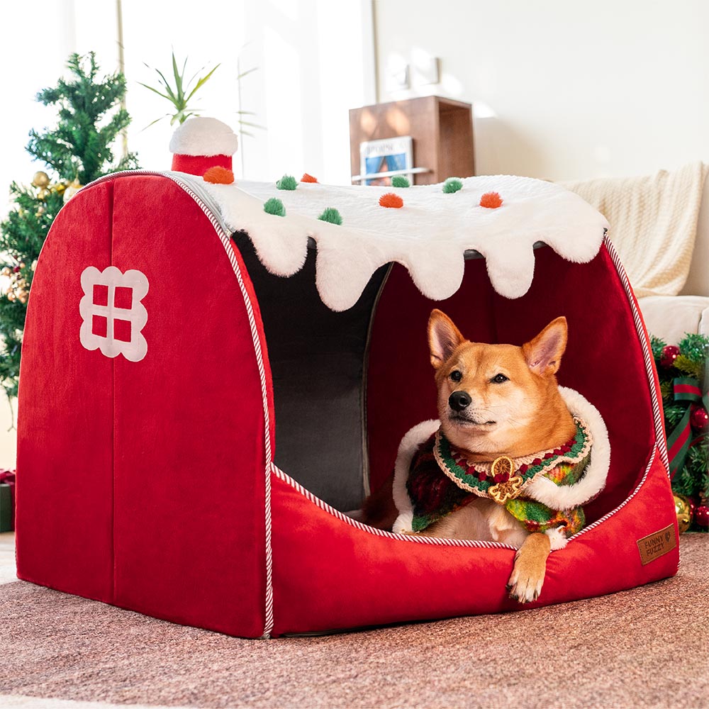 Ergonomic pet bed with festive snow house aesthetic, ensuring dog comfort all winter