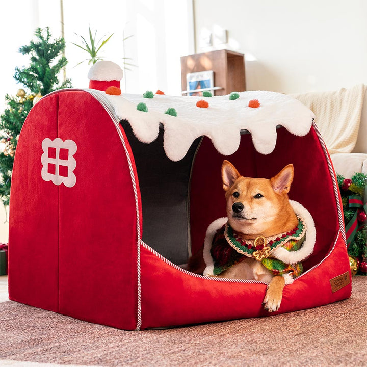 Ergonomic pet bed with festive snow house aesthetic, ensuring dog comfort all winter