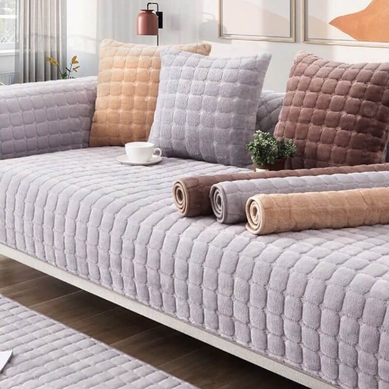 Beige flannel square quilted couch cover, anti-slip and scratch-resistant for home decor