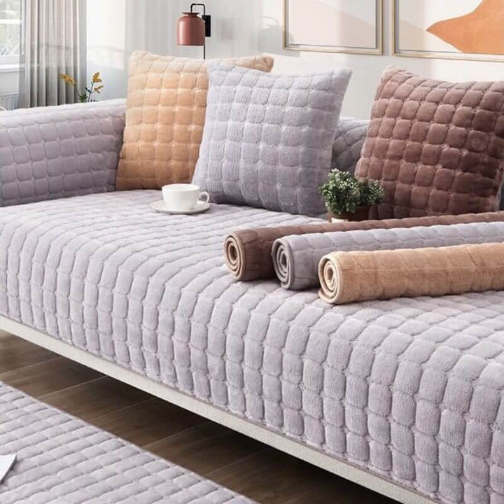 Beige flannel square quilted couch cover, anti-slip and scratch-resistant for home decor