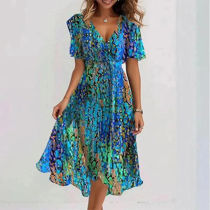 Red A-line midi dress for women, featuring a stylish V-neck and short sleeves. Ideal for summer casual or elegant events.