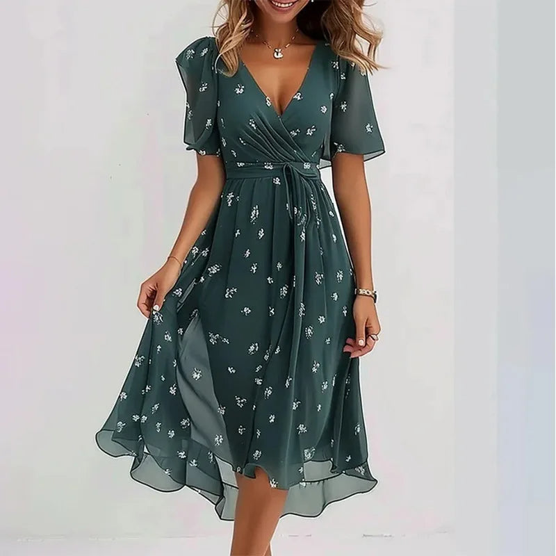 Chic women's V-neck A-line midi dress with short sleeves. Flattering casual fashion for summer, day, or elegant events.