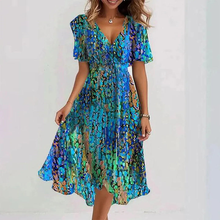 Flattering women's wrap mini dress with A-line flow. Perfect for summer casual or elegant party wear.
