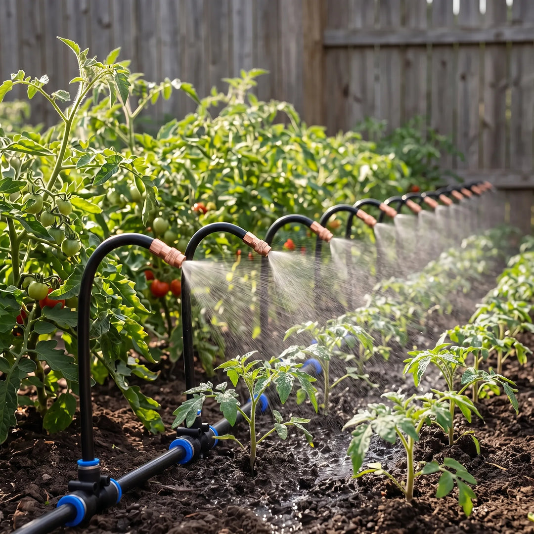 Flexible garden misting system for hydrating plants. Perfect for outdoor cooling & automatic watering.