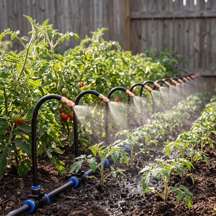 Flexible garden misting system for hydrating plants. Perfect for outdoor cooling & automatic watering.