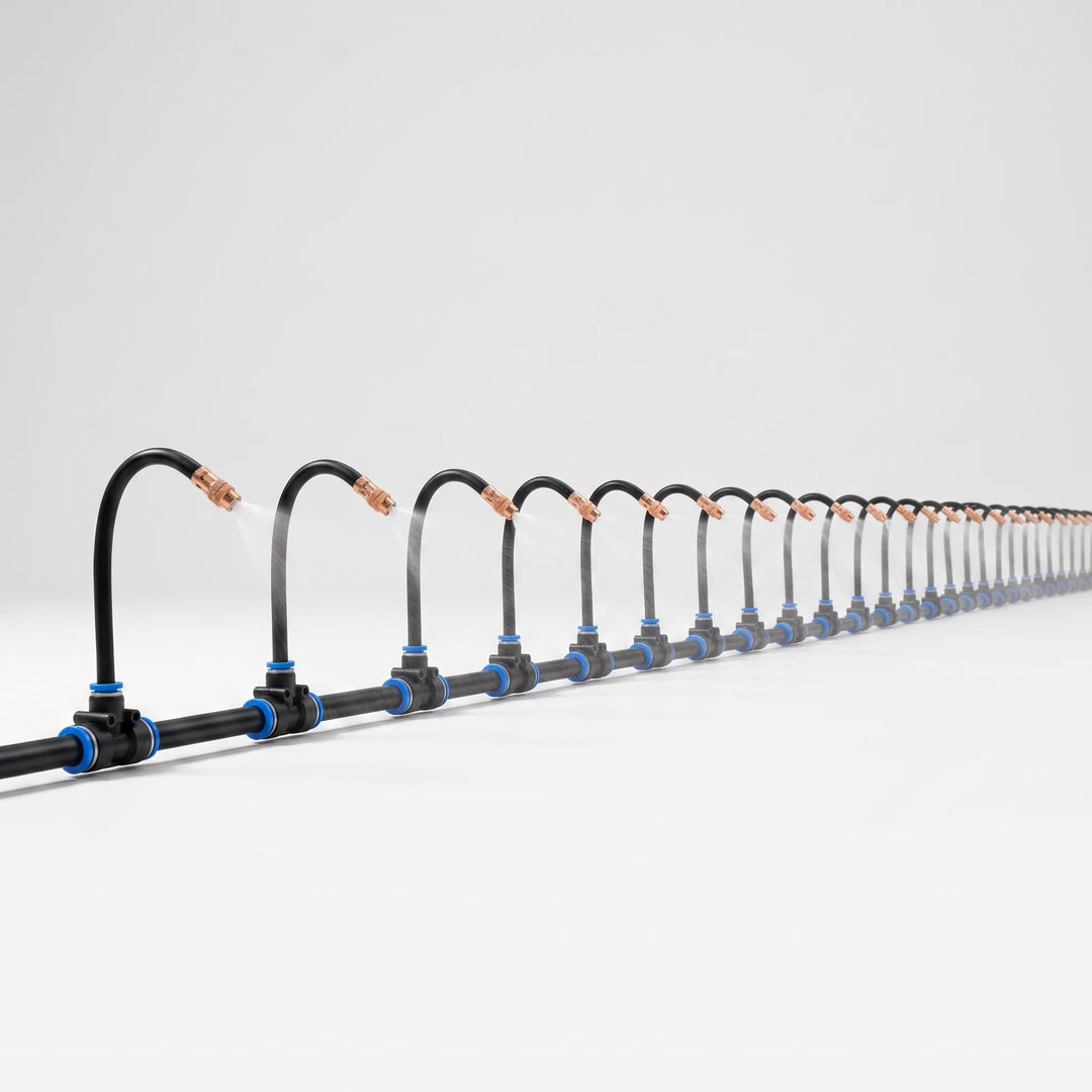 Easy-to-install flexible misting system, ideal for efficient plant hydration & garden irrigation.
