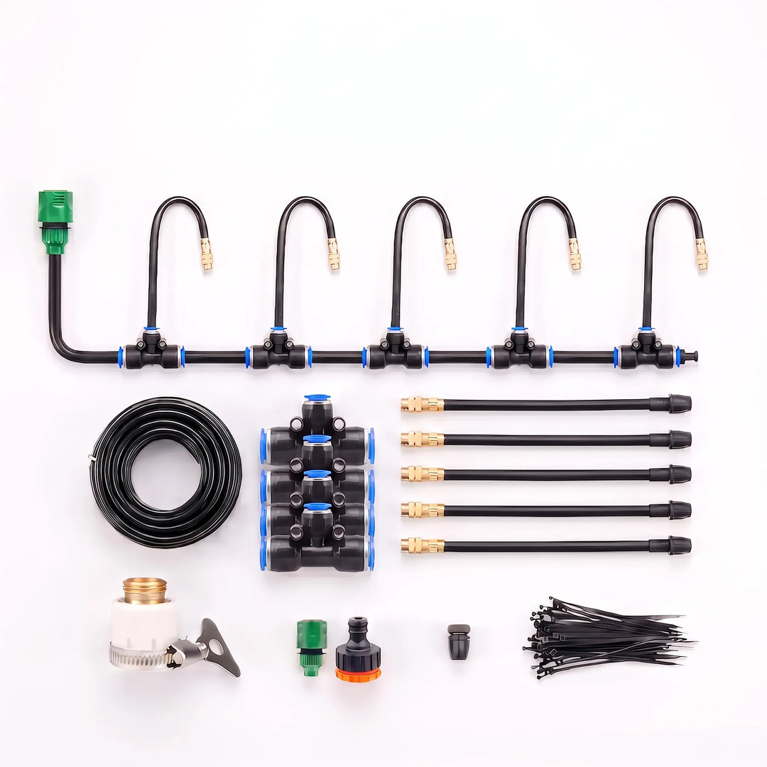 Adjustable garden misting kit for precise plant watering, ensuring optimal hydration & growth.