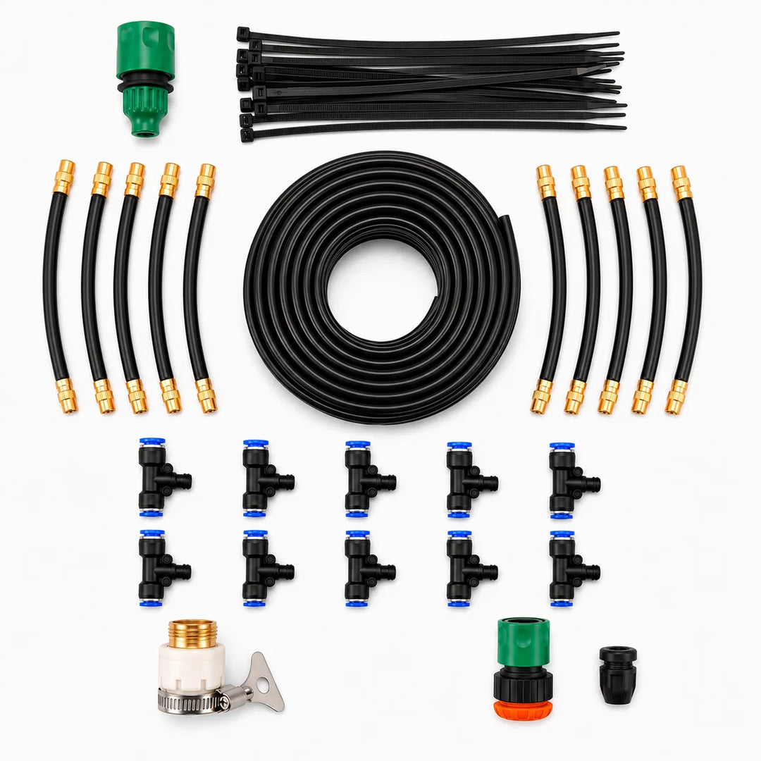 Automatic garden misting system delivers consistent plant hydration & efficient outdoor watering.