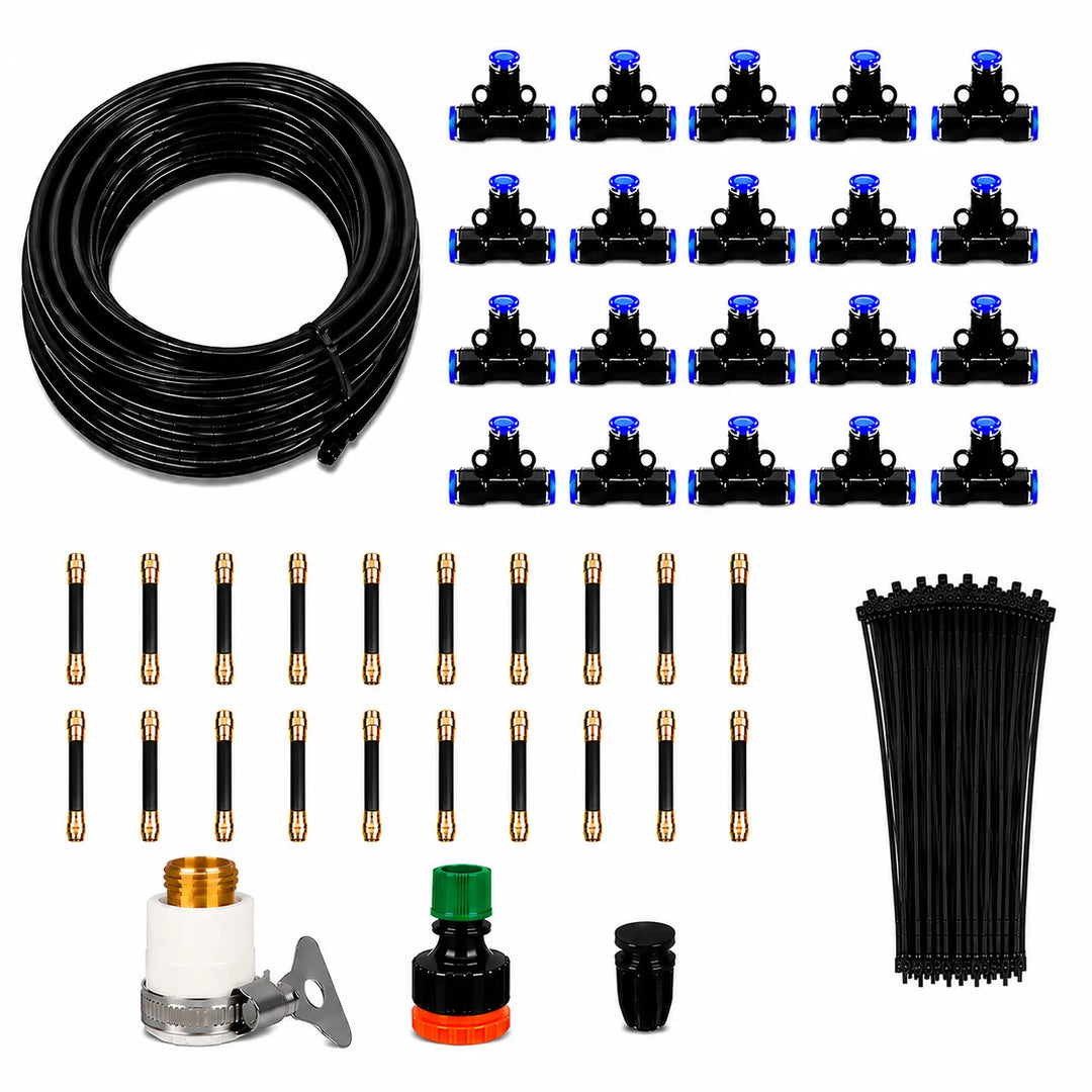 Efficient garden misting system for plant hydration, outdoor cooling, and automatic irrigation.