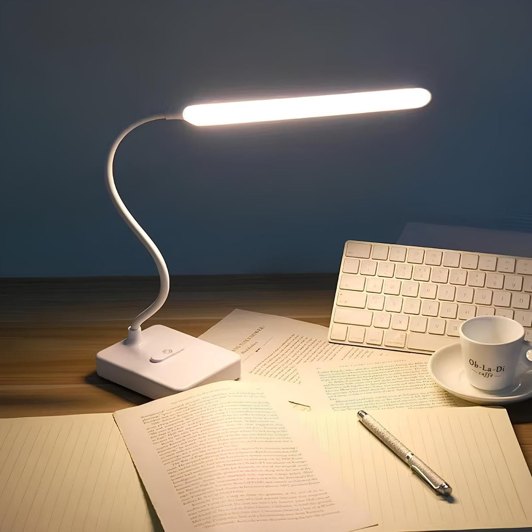 Sleek flexible LED desk lamp in white, with USB power option, perfect for any workspace or bedside reading.