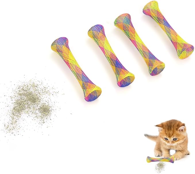 A cat batting at flexible interactive mesh toy sticks, demonstrating engaging play and exercise