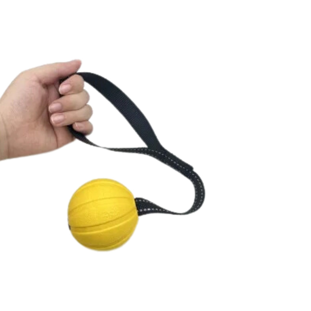 Vibrant floating foam dog toy ball with grip rope, ideal for all dog breeds