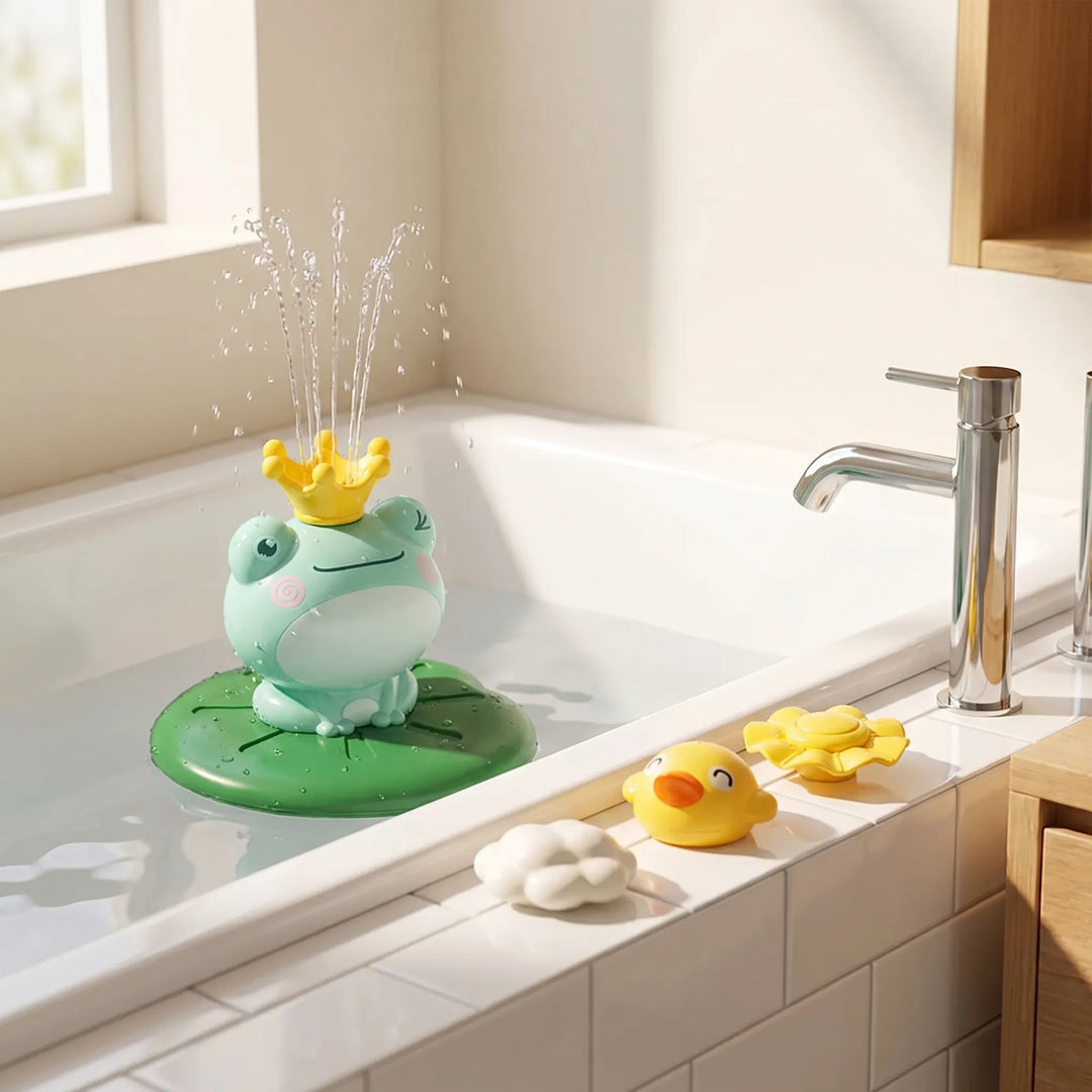 Interactive floating frog bath toy sprinkler, bringing happy playtime and water fun to kids & babies.