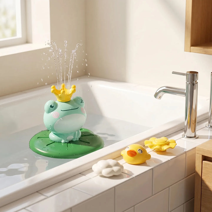 Interactive floating frog bath toy sprinkler, bringing happy playtime and water fun to kids & babies.