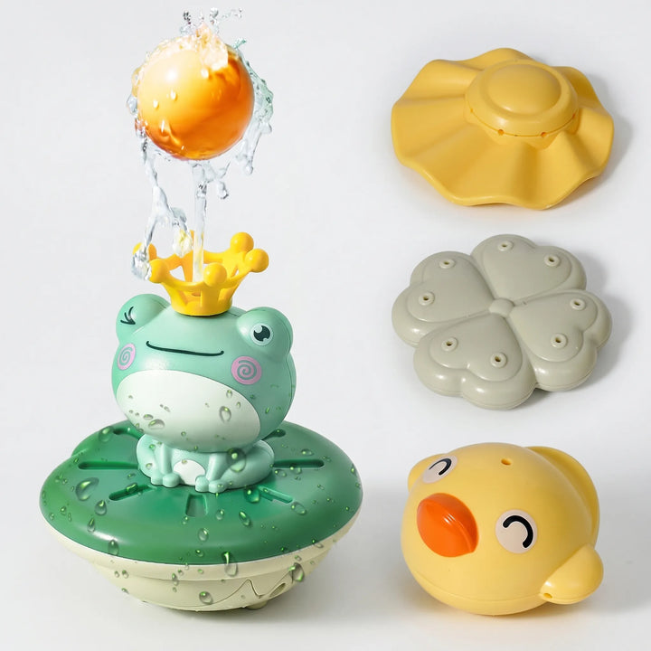 Cute green floating frog bath toy sprinkler, delighting toddlers and kids with fun water play during bathtime.