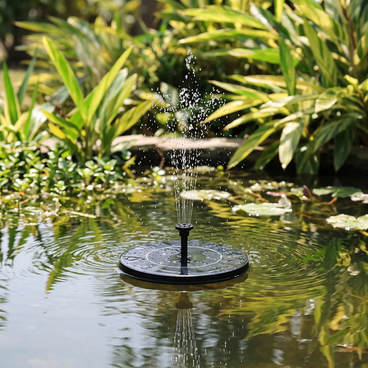 Floating solar water fountain for garden pond, an eco-friendly water feature & bird bath.