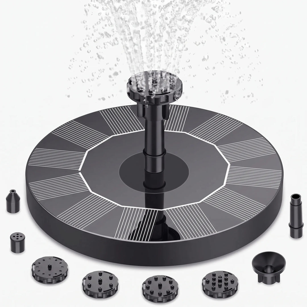 Solar powered floating fountain adding garden decor & ambiance with various spray patterns for pond.