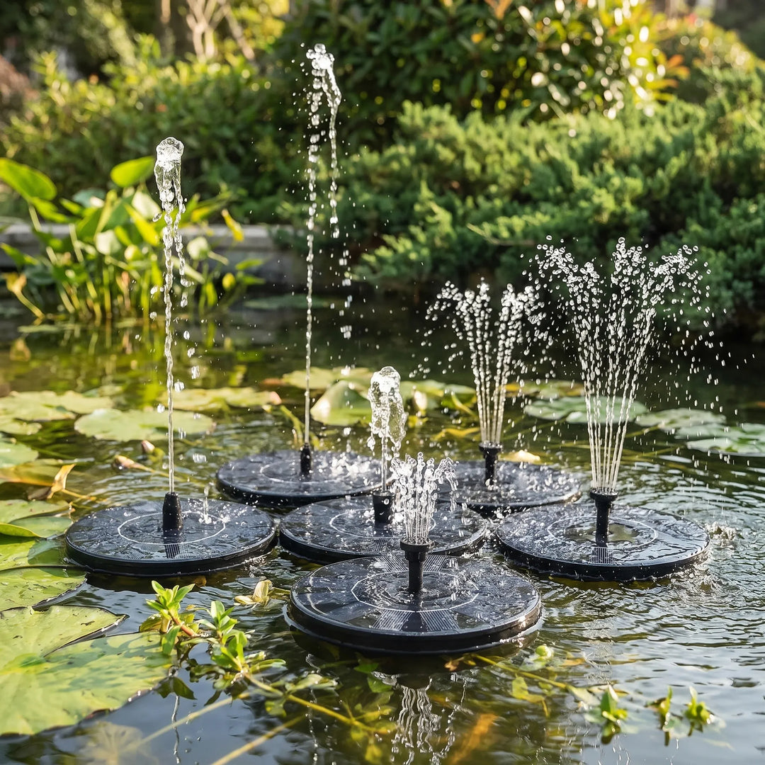 Eco-friendly floating solar fountain, a beautiful garden decor & pond accessory attracting birds.
