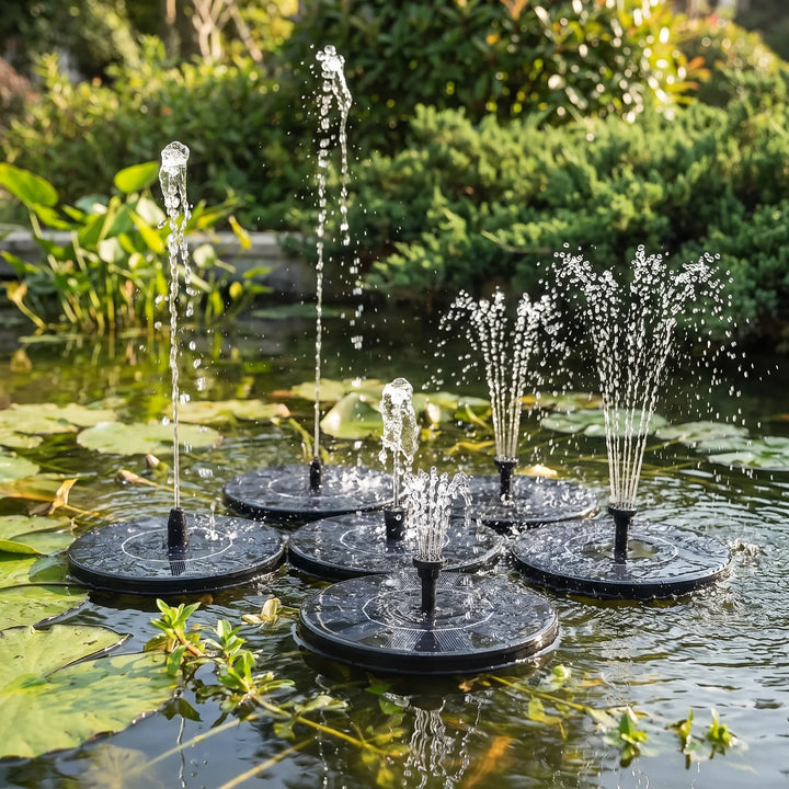 Eco-friendly floating solar fountain, a beautiful garden decor & pond accessory attracting birds.