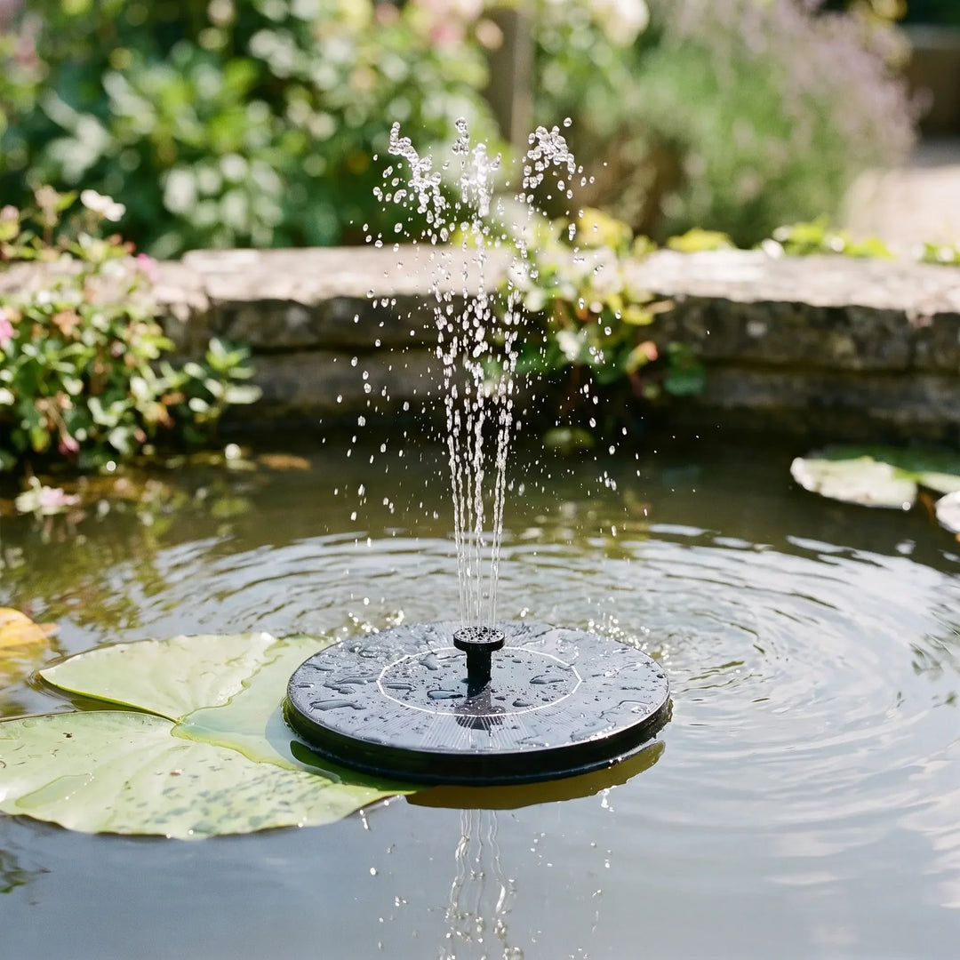 Compact floating solar water fountain, ideal for bird baths & small ponds, enhancing outdoor living.