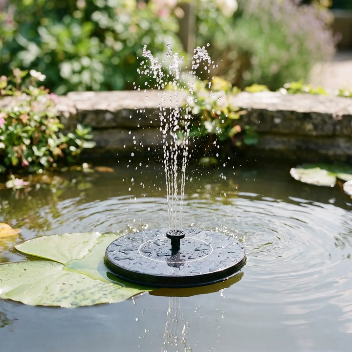Compact floating solar water fountain, ideal for bird baths & small ponds, enhancing outdoor living.