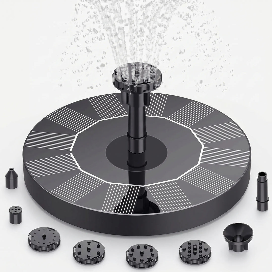 Dynamic floating solar fountain creating beautiful water patterns, perfect garden & pond water feature.
