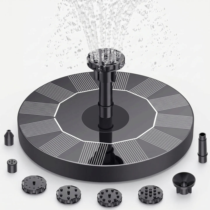 Dynamic floating solar fountain creating beautiful water patterns, perfect garden & pond water feature.