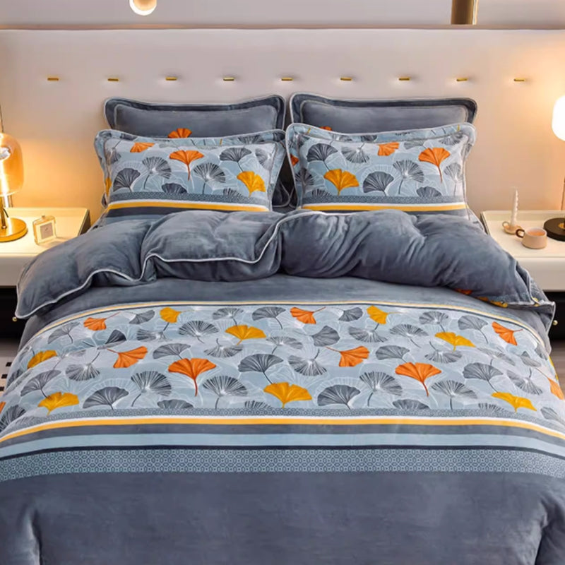 Floral milk velvet bed sheet set with luxurious bed skirt, cozy and comfortable bedding for bedroom decor.